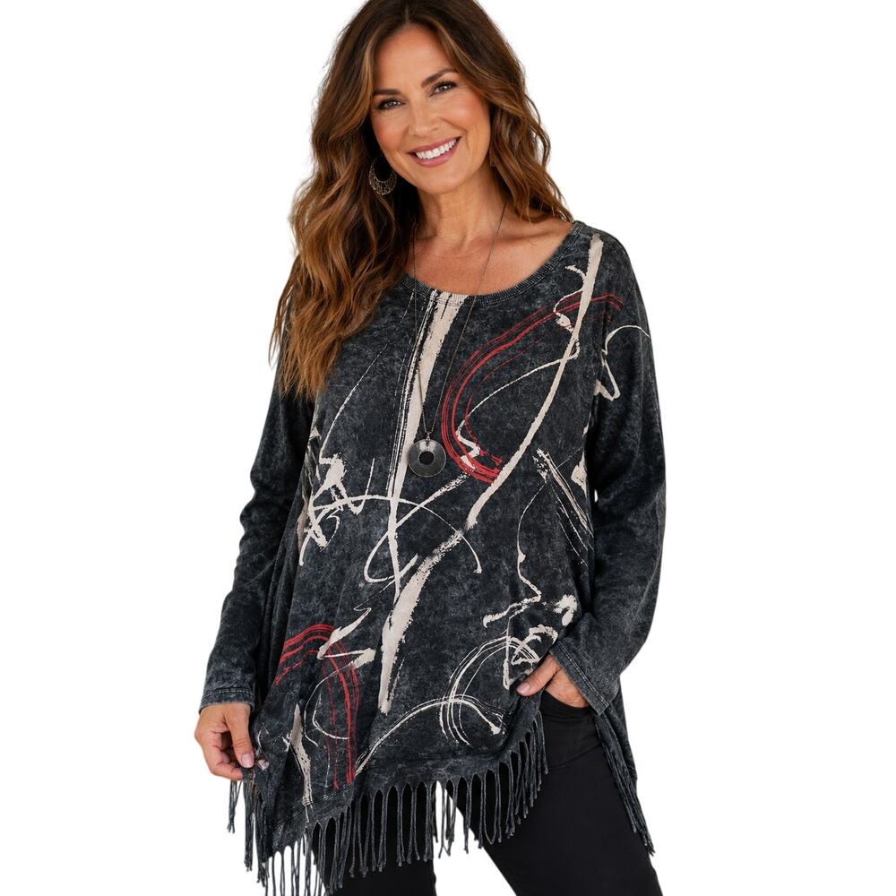 Jess & Jane Artsy Tunic Womens XL Gray Burnout Knit Fringe Abstract Cotton Top